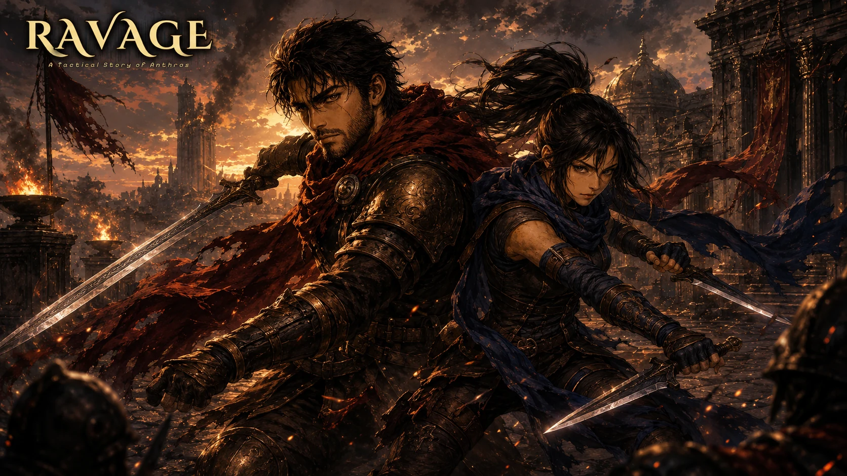 Ravage key art — Amar and Selene stand back to back with blades drawn in a burning Anthros street at sunset
