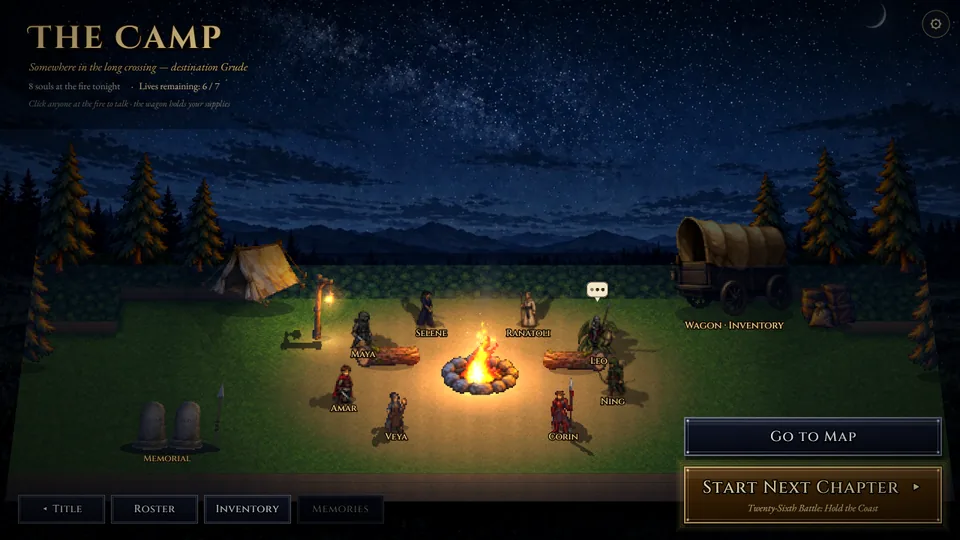 The camp at night, the squad around the fire