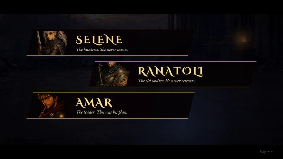 The opening cinematic: Selene, Ranatoli and Amar's name cards