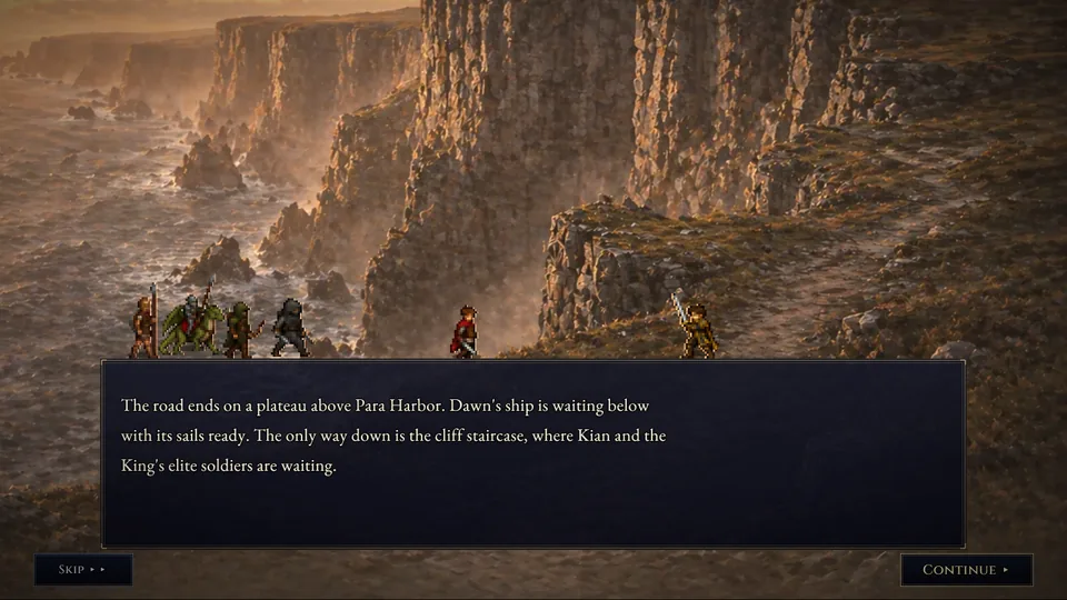 A story scene: the squad meets Kian on the cliffs above Para Harbor