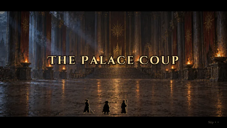 Three rebels in the King's throne hall under the title The Palace Coup