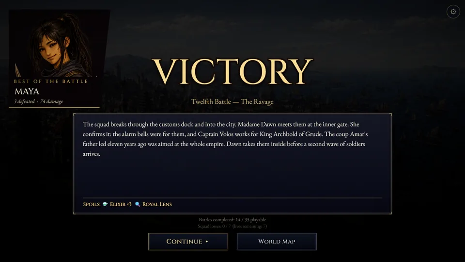 The victory screen with Maya as best of the battle